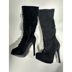 Dashiela Black Lace-Up Platform Knee High Heels Boots Women’s US 9